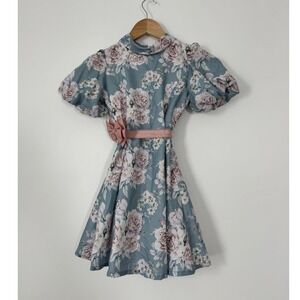 Peppermint Floral Dress Kids Size 6-7Y Blue Pink Vintage Puff Sleeve Bow Sash